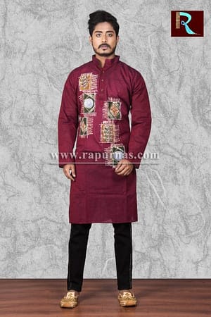 Deep Brown Cotton Kurta with Fabric painting
