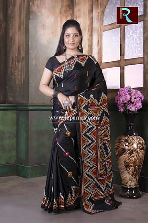 Gujrati Stitch work on Pure Bangalore Silk Saree of Black color2