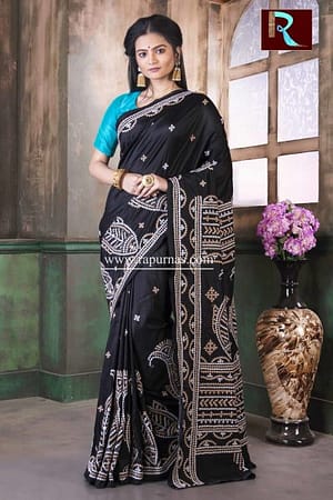 Gujrati Stitch work on Pure Bangalore Silk Saree of black color