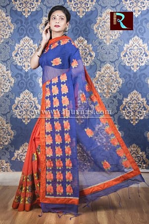 Kachhi Kathiawari work on BD Cotton Saree of amazing color and design