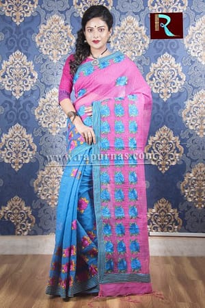 Kachhi Kathiawari work on BD Cotton Saree of blue and purple combo1