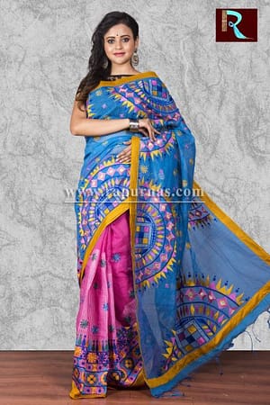 Kachhi Kathiawari work on BD Cotton Saree of multi-color design