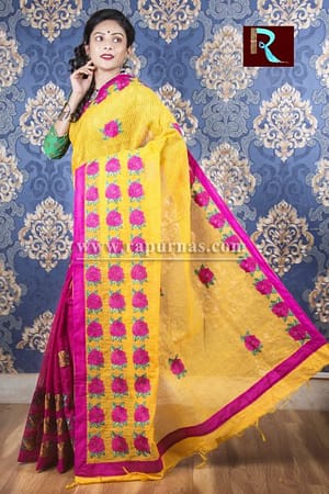 Kachhi Kathiawari work on BD Cotton Saree of purple and yellow combo