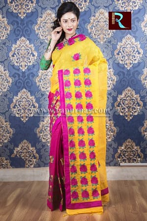 Kachhi Kathiawari work on BD Cotton Saree of purple and yellow combo1