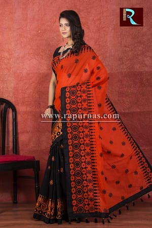 Kachhi Kathiawari work on BD Cotton Saree with Black and Orange combination