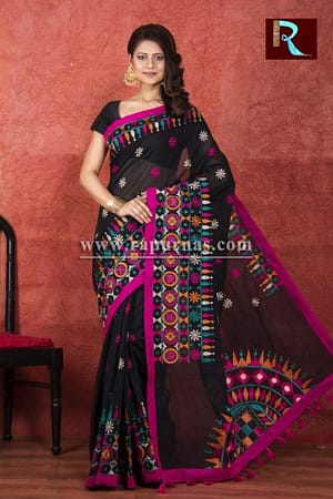 Kachhi Kathiawari work on Handloom Cotton Saree