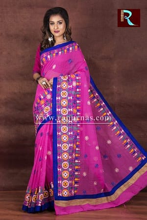 Kachhi Kathiawari work on Noil Cotton Saree with Pink and Blue combination