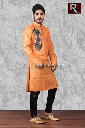Saffron Cotton Kurta with Fabric painting