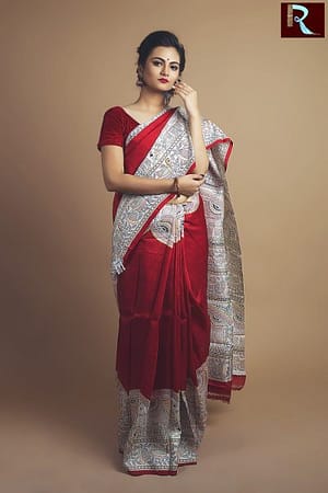 Red Madhubani Silk Saree
