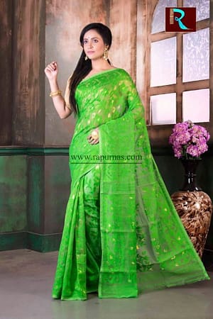 Soft Dhakai Jamdani Saree of light green color