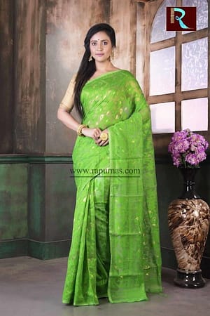 Soft Dhakai Jamdani Saree of light green color1