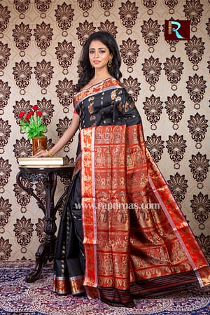 Baluchari Silk Saree of black and orangish red shade