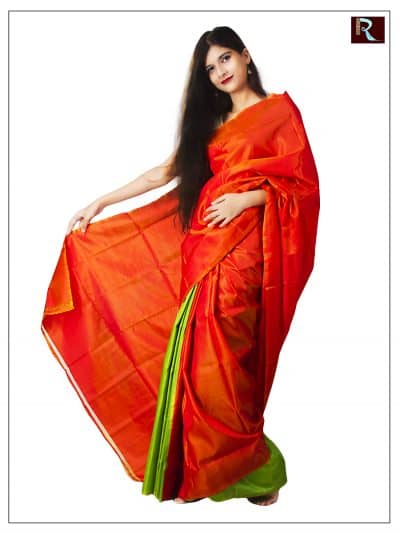 Orange and Green Bishnupuri Katan Silk Saree1