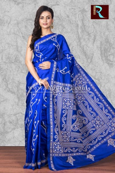 Blue Gujrati Stitch work Saree on Bangalore Silk