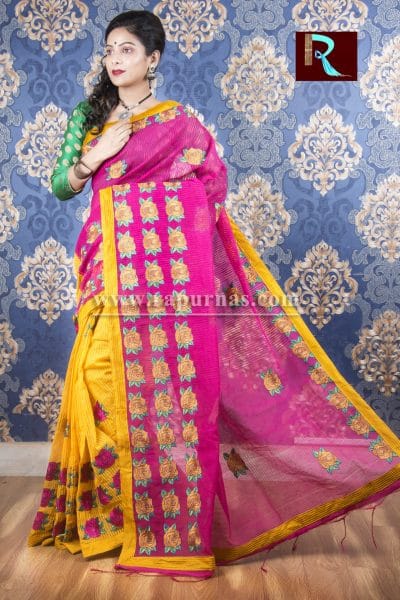 Kachhi Kathiawari work on BD Cotton Saree of yellow and purple combo