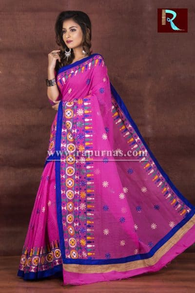 Kachhi Kathiawari work on Noil Cotton Saree with Pink and Blue combination1