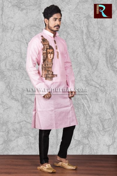 Light Pink Cotton Kurta with Fabric painting