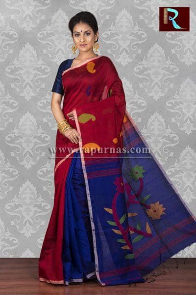 Blended Cotton Handloom Saree with red body and blue Pallu