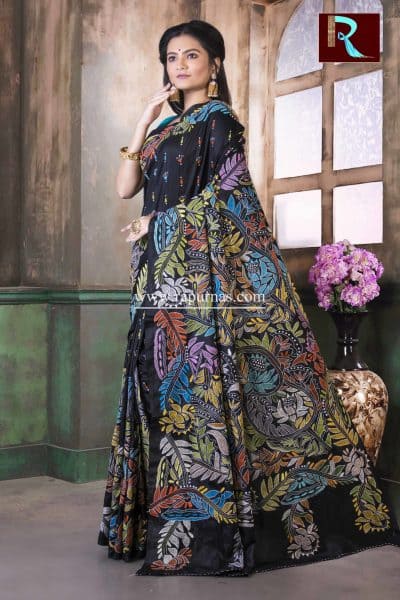 Kantha Stitch work on Pure Bangalore Silk Saree of Black color1