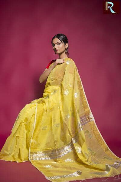 Light Yellow Handloom Silk Saree with work all over1