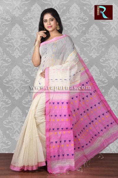 Pink and white Blended Cotton Handloom Saree1