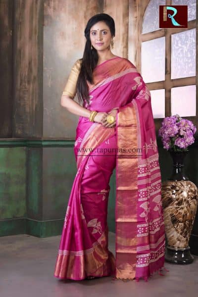 Zari paar Printed Tussar Silk Saree of pink color