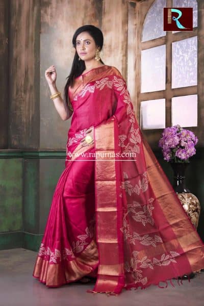 Zari paar Printed Tussar Silk Saree of rare shade1