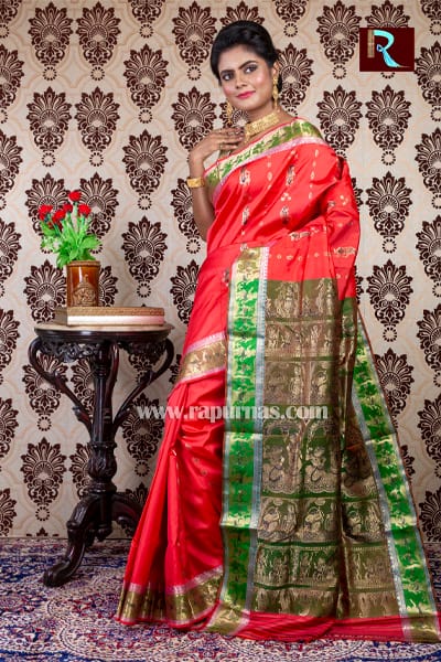 Baluchari Silk Saree of red and green combo